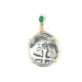 14k Two Tone Medium Coin Frame Atocha Copy with Oval Emerald on the Bail and Round Diamond Pendant